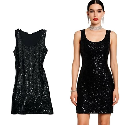 Vestido de cóctel ceñido al cuerpo sin mangas de lentejuelas negro para mujer talla 0 años 90 ropa de club glamuroso Foto 1 de 4