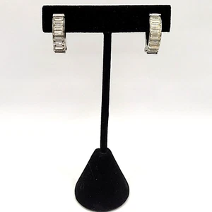 Clear Baguette Sparkly Rhinestone Hinged Clip On Small Hoop Vintage Earrings - Picture 1 of 21