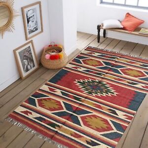 Handmade Wool Jute Dhurrie Rug-Living Room Rug-Bed Room Kilim-Wool Carpet