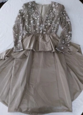 Vintage Victoria Royal Ltd Sequin Beaded Taupe Evening Ball Gown Formal Dress 10 - Image 1 of 4