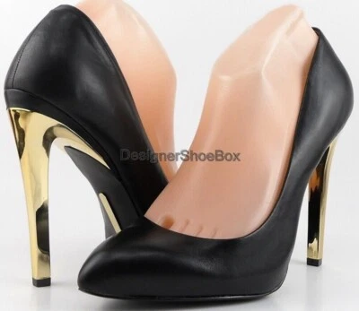 $150 BOUTIQUE 9 FIORENSA черный кожаный дизайнерский золотой каблук заостренный насосы 7,5 - Изображение 1 из 4