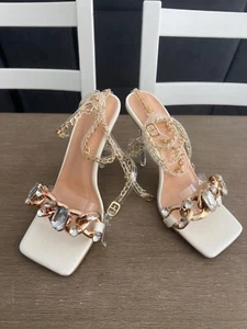 White/Clear Crystal Open Toe, Strappy Heels, Size 9, Gold Chain, New, Formal!! - Picture 1 of 2