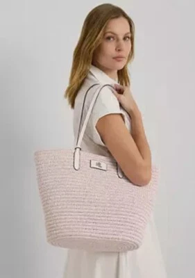 NWT Lauren Ralph Lauren Pink Opal Leather Trim Straw Large Brie Tote Bag - Image 1 of 4