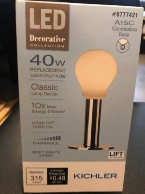 KICHLER LED DECORATIVE COLLECTION 40W A15C CANDELABRA BASE SOFT WHITE DIMMABLE - Image 1 of 4