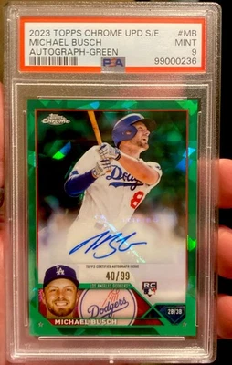 2023 Topps Chrome Upd  Sapphire Michael Busch  Green Refractor Auto 40/99 PSA 9 - Image 1 of 2