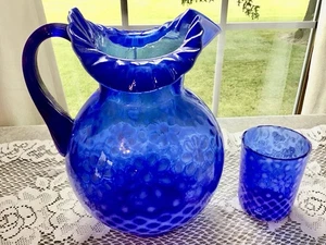 Vintage Fenton art glass Colbalt blue opalescent snowflake pitcher and tumbler - Picture 1 of 4