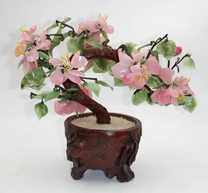 Vintage Pink Cherry Blossoms Jade Like Glass Bonsai Tree Inscribed Pot  12" LOVE - Picture 1 of 12