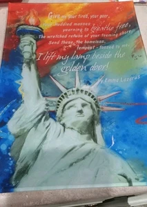 Vintage Colorful Statue Of Liberty Emma Lazarus Glass Tray 13x10 - Picture 1 of 6