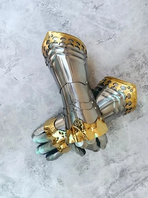 Brass Medieval Gauntlet Accents Knight Crusader Armor Steel Gauntlet Gloves Larp - Image 1 of 4