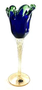 Jarrón de vidrio artístico portavelas Murano Italia verde azul blanco cristal 14” de alto - Imagen 1 de 9