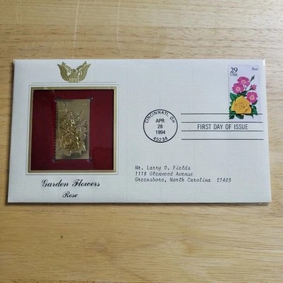 Réplica de sello Garden Flowers oro rosa 22kt emisión primer día con tarjeta Foto 1 de 4