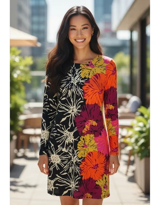 Julie Brown Bold Artsy Floral Print Jersey Long Sleeve Dress Size Medium - Image 1 of 4