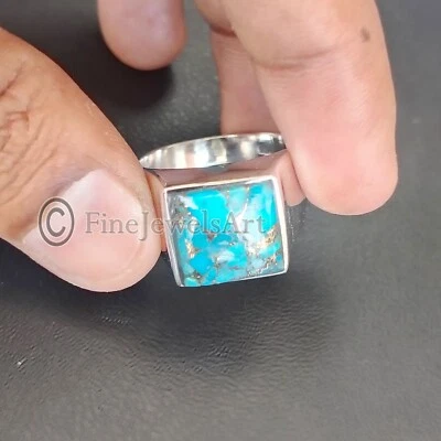 Anillos para hombre hechos a mano de plata de ley 925 con piedras preciosas turquesa cobre azul M330 Foto 1 de 4