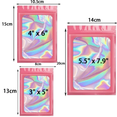 Bolsas holográficas Mylar a prueba de olores de 100-400 piezas bolsas de embalaje, transparentes resellables Foto 1 de 4