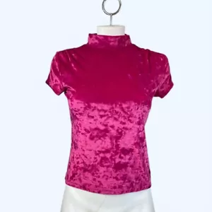 Top Y2K Rosa Caliente Terciopelo Aplastado Pequeño Cuello Simulado Elástico Retro Grunge Rave - Imagen 1 de 8
