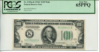 Fr 2155-K MULE 1934C $100 Federal Reserve 65 PPQ GEM NEW ****FINEST KNOWN**** - Image 1 of 2
