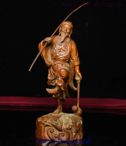 7 chinesische Volksbuchsbaum Holzschnitzerei Fischer Fischer Fischer halten Kürbis Statue - Bild 1 von 10