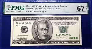1996 $20 Federal Reserve Note Fr-2083-A Boston PMG67 Superb Gem EPQ - Picture 1 of 2