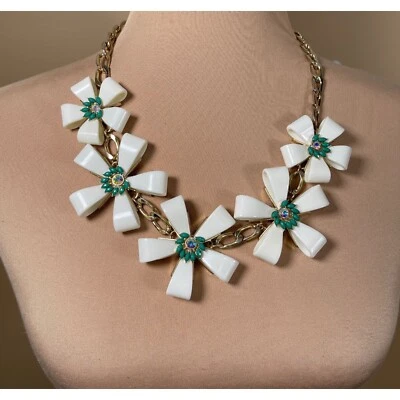 Statement Necklace Floral Rhinestones Green White Gold Tone Adjustable Chain - Image 1 of 4
