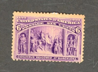 U.S. STAMP ~ SCOTT # 235 ~ (1893) 6 CENT COLUMBIAN ~MINT GUM DIST. ~ TONED PAPER - Image 1 of 2