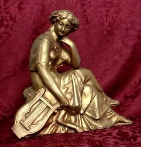 Victorian Ansonia Spelter Clock Topper LADY WITH LYRE Greek or Roman Mythology - Picture 1 of 6