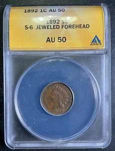 ANACS AU50 1892 Indian Head Cent FS-302 Snow 6 S6 Jeweled Forehead Mint Error A8 - Picture 1 of 2