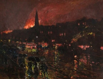 Childe Hassam – Fire and Rainy Night – Impressionist Urban Scene Print - Image 1 of 2