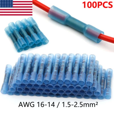 AIRKOUL 100Pcs Blue Heat Shrink Butt Wire Connectors Crimp Terminals AWG 16-14 Gauge US