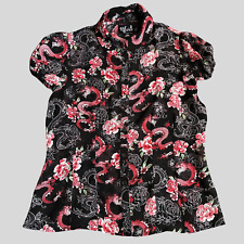 Hell Bunny Womens Shirt 12 Dragon Floral Club Collar Summer Button Up Blouse
