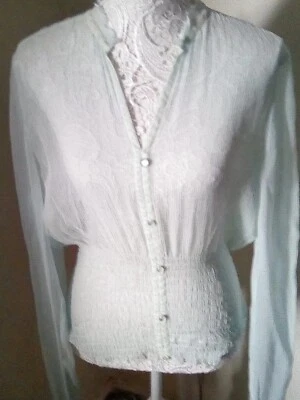 Blusa verde pálido de seda pura arrugada Mexx. Talla 16. Bonito. Foto 1 de 4