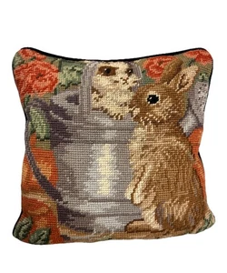 Vintage Needlepoint Pillow Bunny Rabbit Garden Accent Pillow Easter 9.5” x 10” - Picture 1 of 10