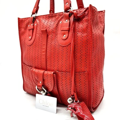 Bolso de Mano Chloe Kerala Archivo Rojo Cuero Perforado con Dije de Caballo Usado Japón Foto 1 de 4