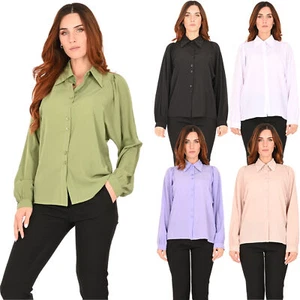 Camicia Donna Elegante Tinta Unita Blusa Comoda Maniche Lunghe a Sbuffo - Imagen 1 de 21