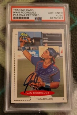 Tarjeta de novato de béisbol clásica firmada por Iván Rodríguez 1991 RC IP automática PSA Rangers Foto 1 de 3