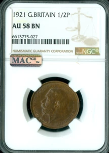 1921 GREAT BRITAIN HALF PENNY NGC AU58 BN MAC SPOTLESS* - Picture 1 of 2