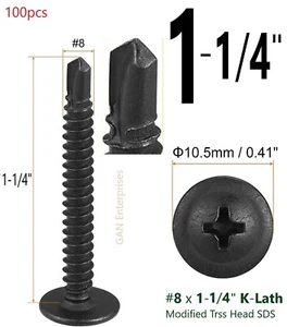 Modified Truss Head Self Drilling / Tapping Screws #8 x 1-1/4" K-Lath Black 100 - Picture 1 of 9
