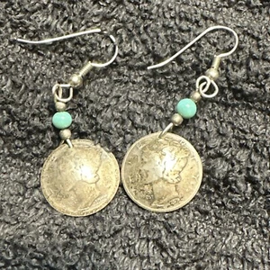 Sterling Silber Merkur Groschen Ohrringe mit Malachit und Navajo Perlen - Bild 1 von 5