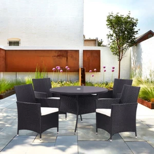 Black Garden Furniture Set Rattan Table Chairs Outdoor Patio Table +Parasol Hole - Picture 1 of 13