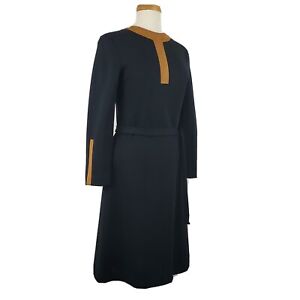 Vintage 60's Wool Knit Women's Dress Black Size 12 Suede Trim Knee Length USA