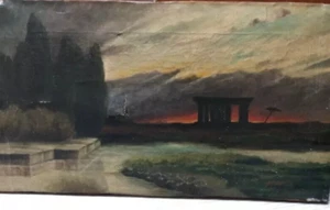 Tableau ancien huile 19ème signé Acropole paysage romantique coucher de soleil - Bild 1 von 8