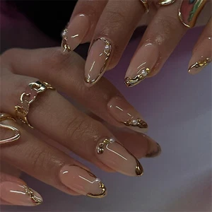 Short Almond Press-On Fake Nail Irregular Shiny Gold Elegant Manicure 24pcs - Picture 1 of 6