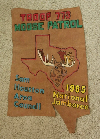Vintage Moose Patrol 1985 Painted Leather Flag Wall Hanging Houston Texas Cabin Cover