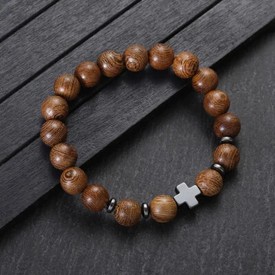10mm Women Men Natural Cross Prayer Round Beads Mala Fashion Wood Bracelet Gift - Image 1 of 4