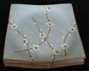 3~KAFUH~Japanese Ceramics~CHERRY BLOSSOM~Brown Stem~BLUE PLATES~5.25"x5.25"~EC - Picture 1 of 9