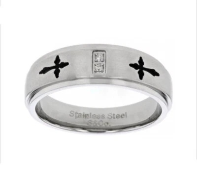 男式白色钻石口音不锈钢十字戒指尺寸 11 — 第 1/4 张图片