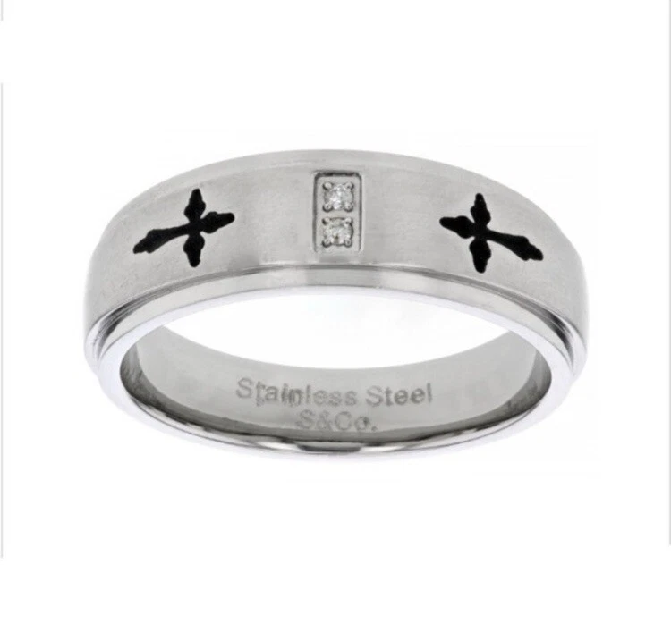 男式白色钻石口音不锈钢十字戒指 10 码 — 第 1/4 张图片