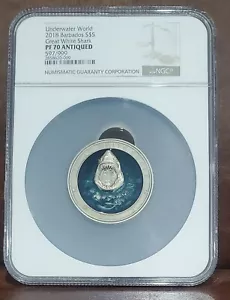 2018 NGC PF 70 BARBADOS 3oz Silver "GREAT WHITE SHARK" Antiqued 597/999 - Picture 1 of 3