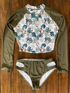 ATTRACO Woman, Khaki Floral, Long Sleeve 2 Piece Rash Guard Swimsuit UPF 50+ MED - Picture 1 of 10