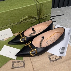 GUCCI Nappa Lumiere Deva Horsebit Ballet Flats Silver Chain Black 8 US or 38 EU - Picture 1 of 13