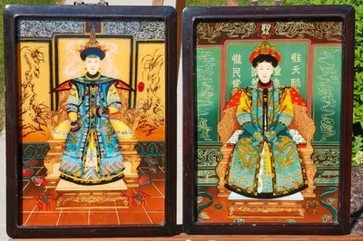 Vtg Chinese Reverse Hand-Painted on Glass Emperor Empress Outstanding Pair - Image 1 of 4